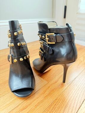 MICHAEL Michael Kors Bryn Black Open Gold Tone Studded Ankle Booties- Size 8M